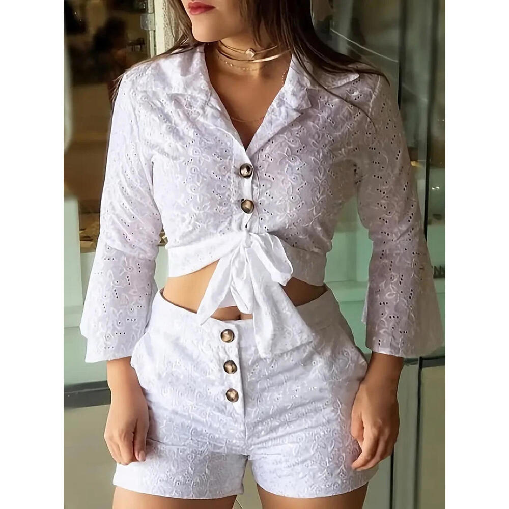 NEW 2 pc White Shorts & Tie Blouse Outfit, Size Plus XL Bell Sleeve Shirt